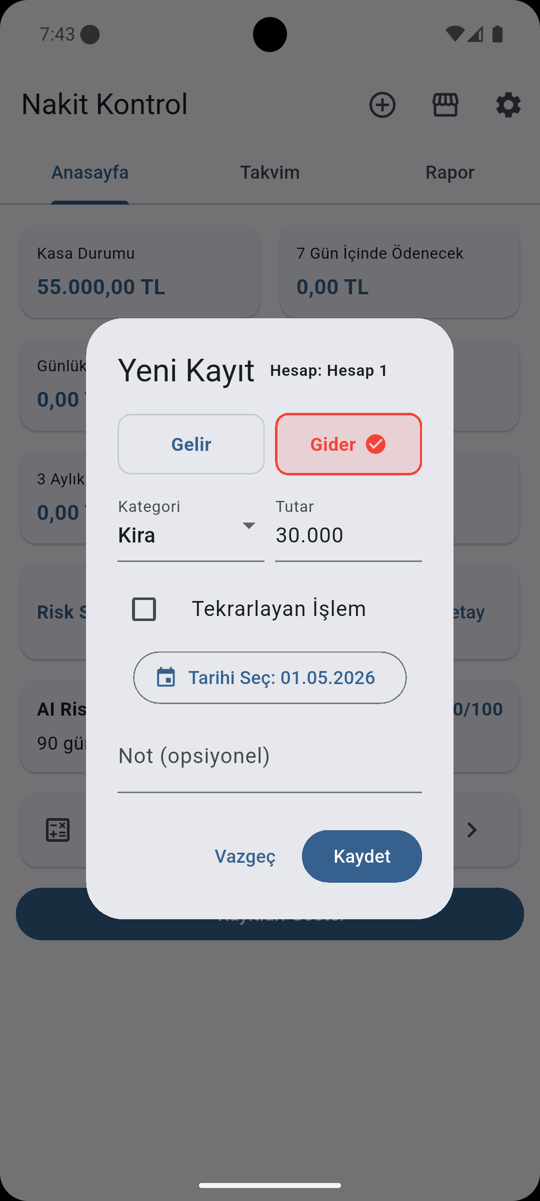 Yeni kayıt ekranı