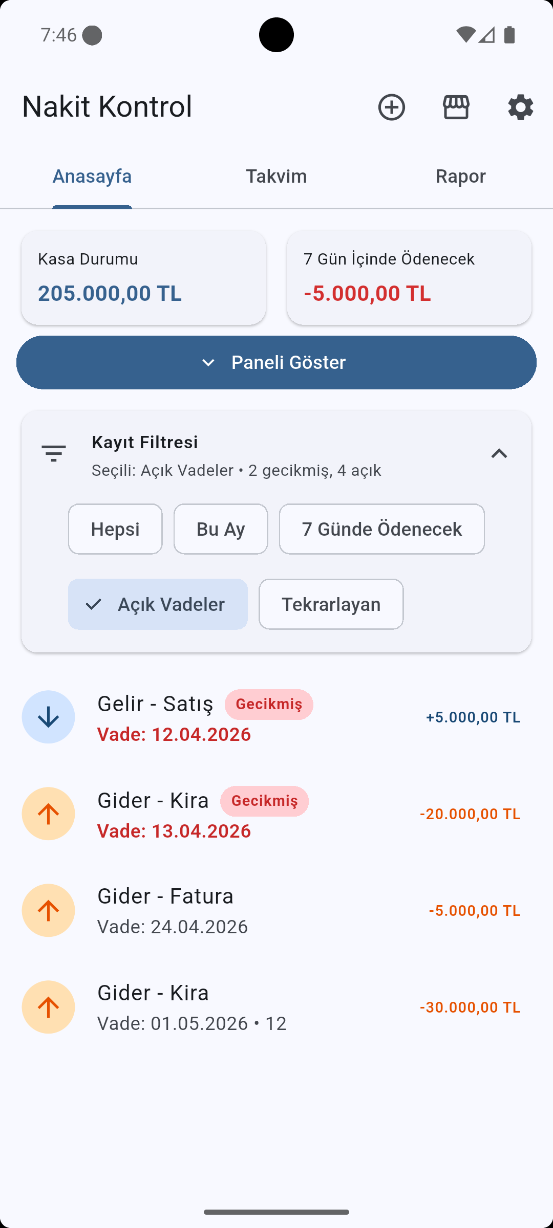 Nakit Kontrol açık vadeler ekranı